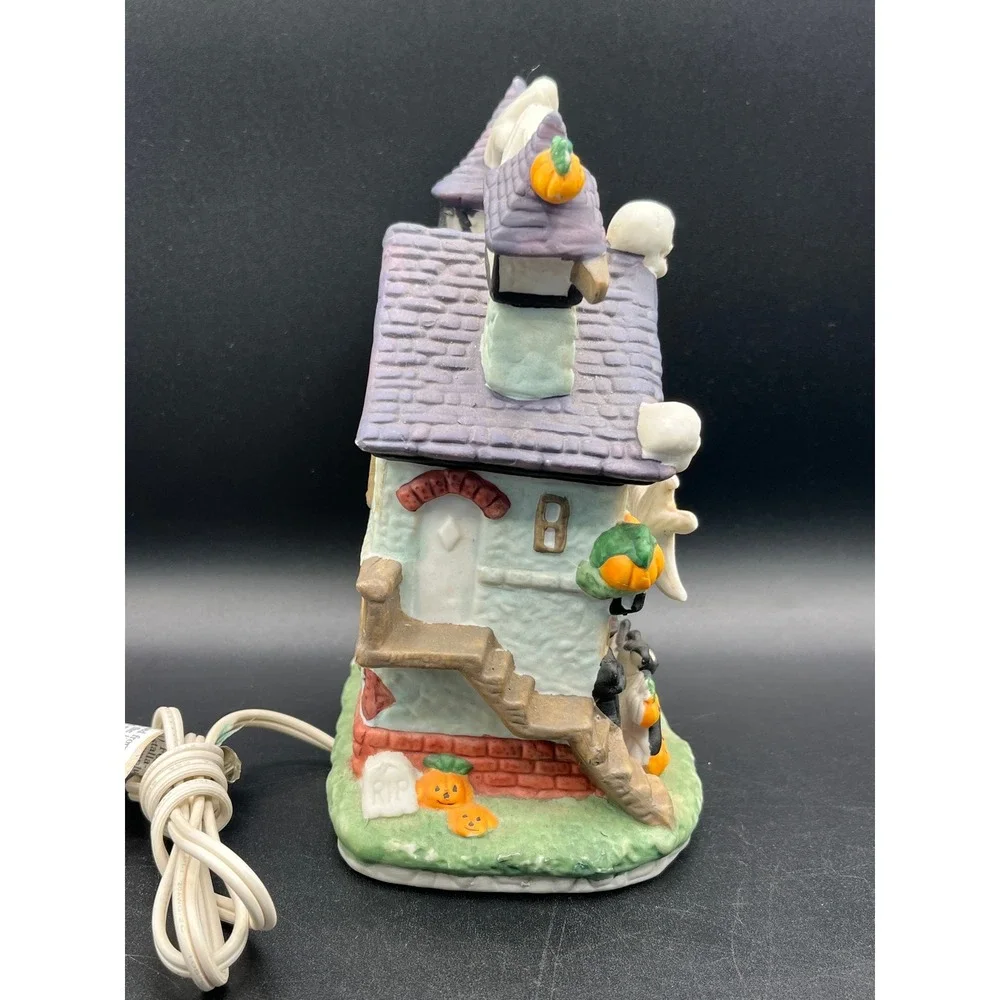 Vtg Light Up Ceramic Haunted House Halloween Ghost Pumpkin Bat Decor 7
